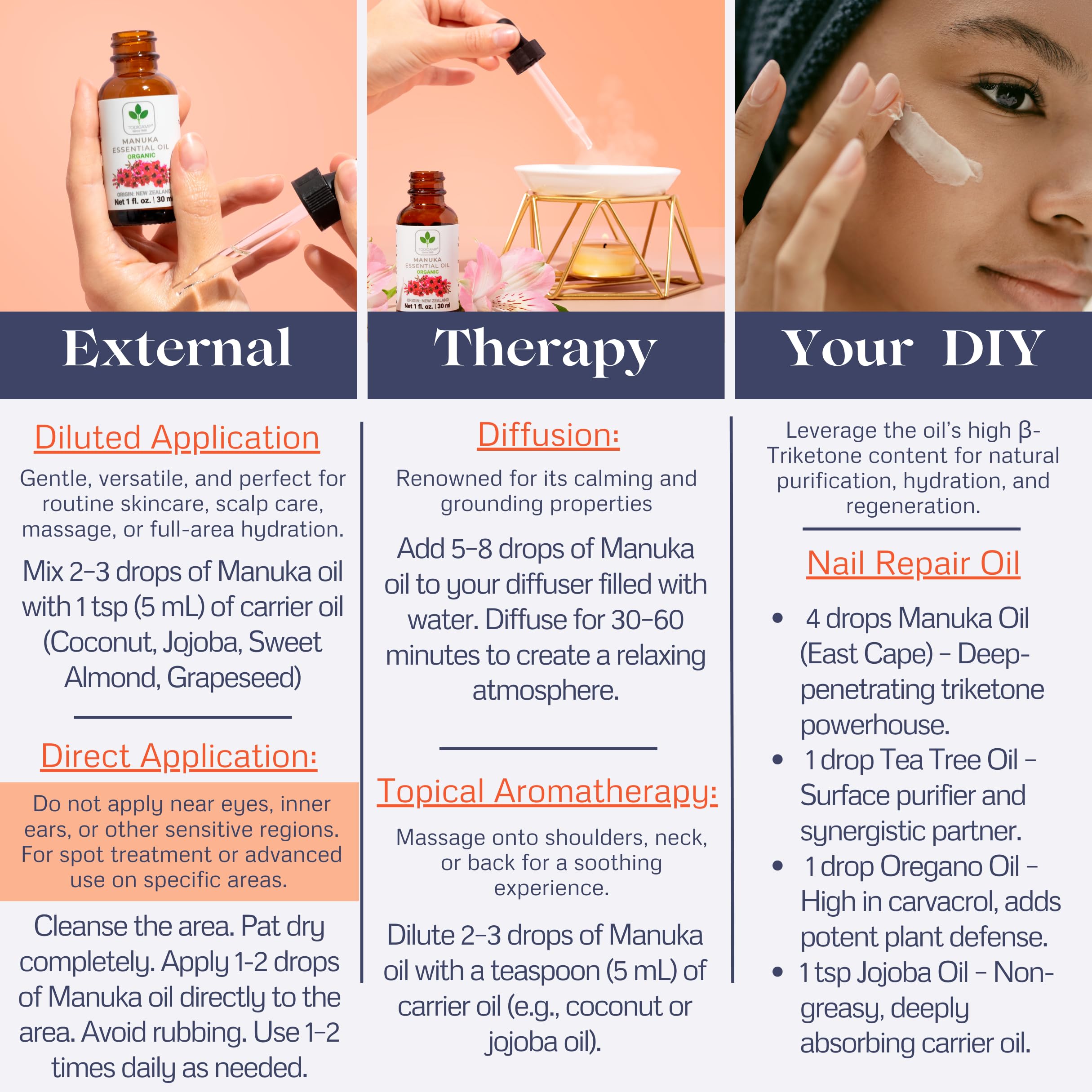 TODICAMP Manuka oil ingredients showcasing pure, undiluted oil quality