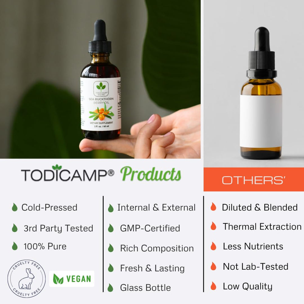 TODICAMP Sea Buckthorn Oil organic seal indicating cold-pressed quality.