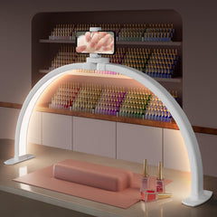 TOELOVE 29-inch half-moon light on a manicure desk for shadow-free precision.