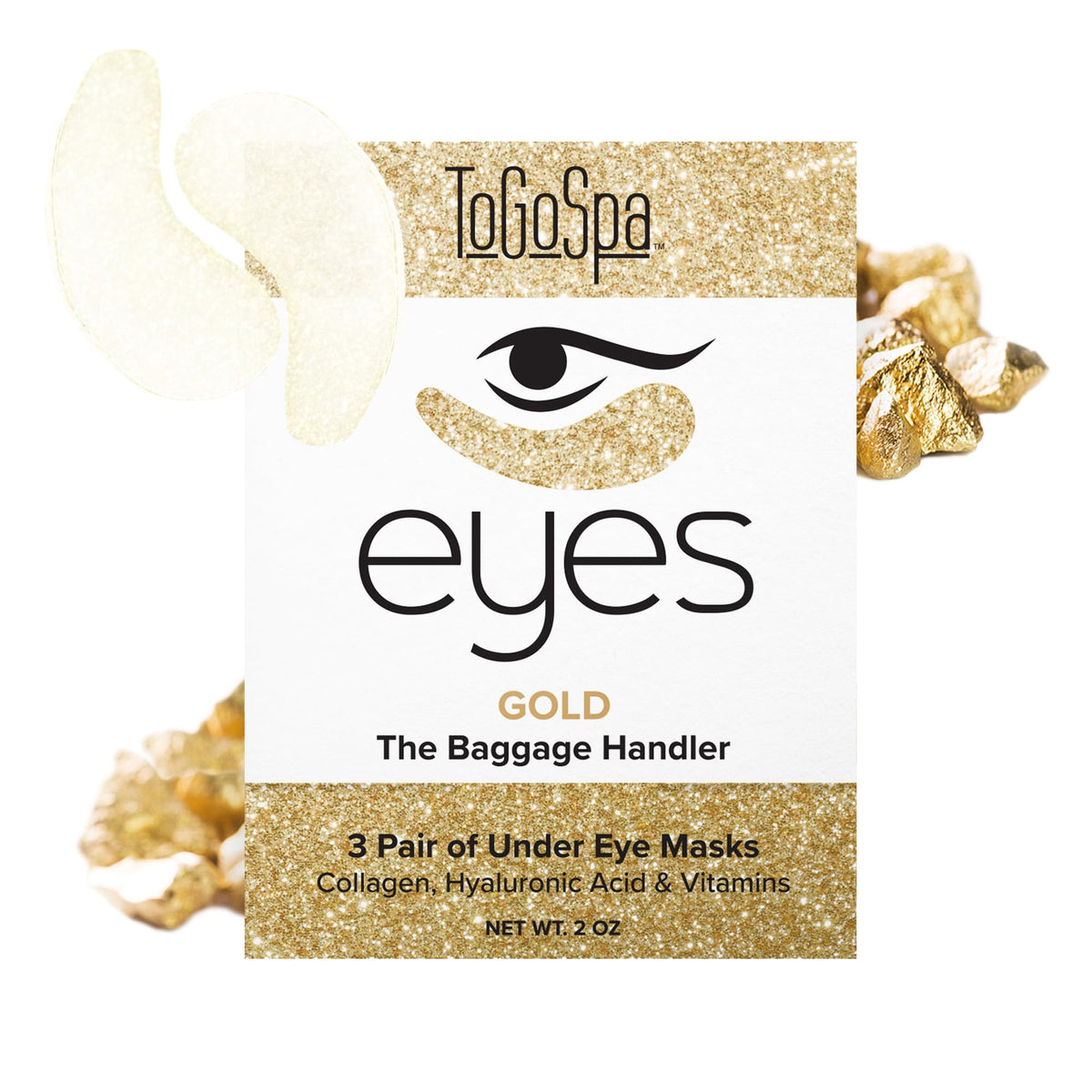 ToGoSpa Golden Eyes under-eye pads applying cooling relief to tired eyes.