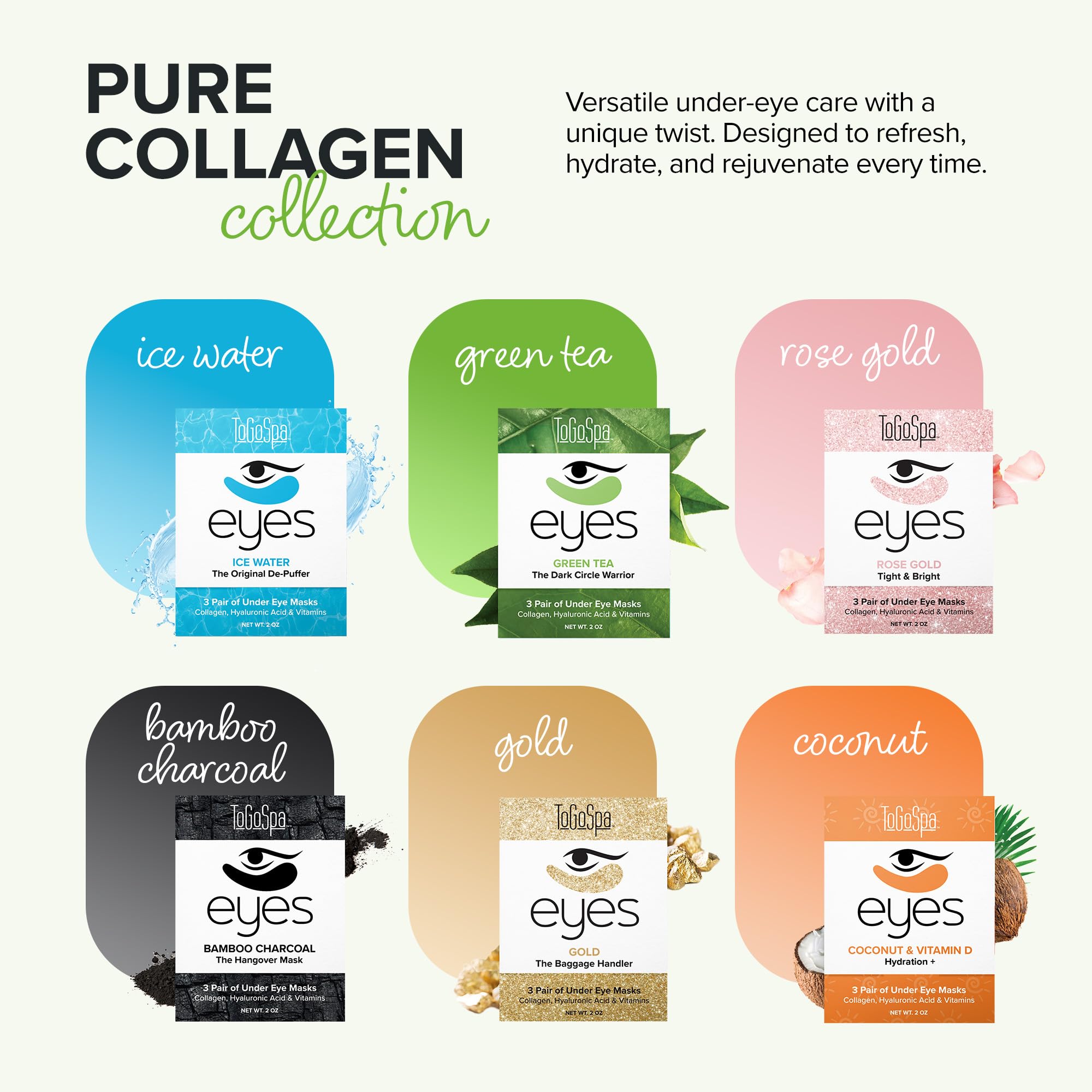 ToGoSpa Green Tea EYES collagen detail shows enriched formula for plump look