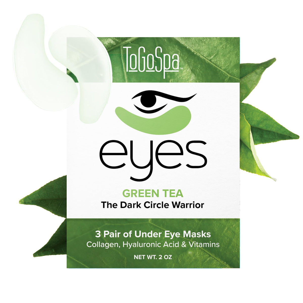 ToGoSpa Green Tea EYES pack shot showing premium under-eye gel pads for soothing care