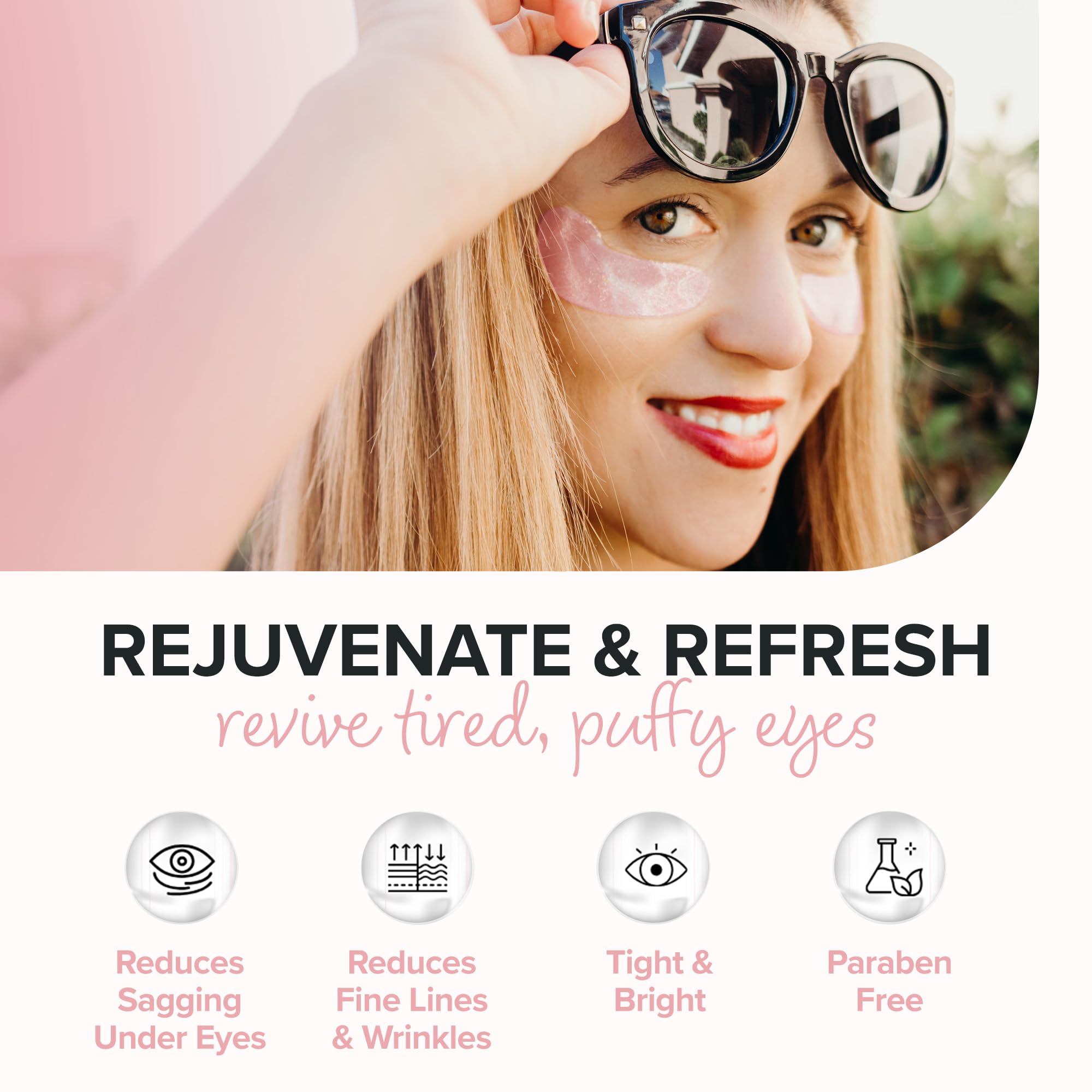 ToGoSpa Rose Gold EYES mask on skin demonstrates a cooling, refreshing under-eye treatment.