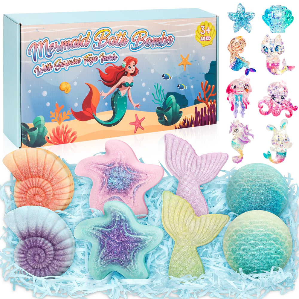 Toidgy Mermaid Bath Bombs with a surprise toy inside create colorful bath time fun.