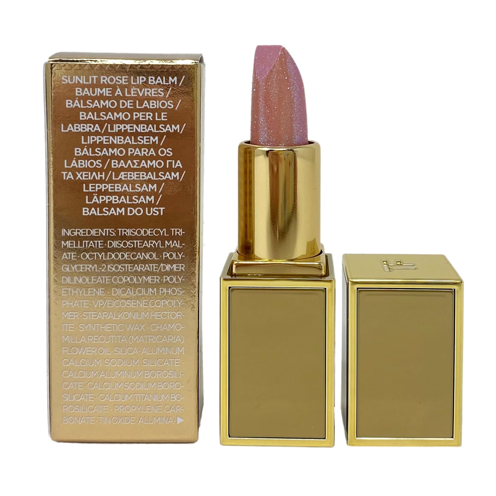 Tom Ford Soleil Sunlit Rose mini lip balm glossy finish enhances natural lip contour.