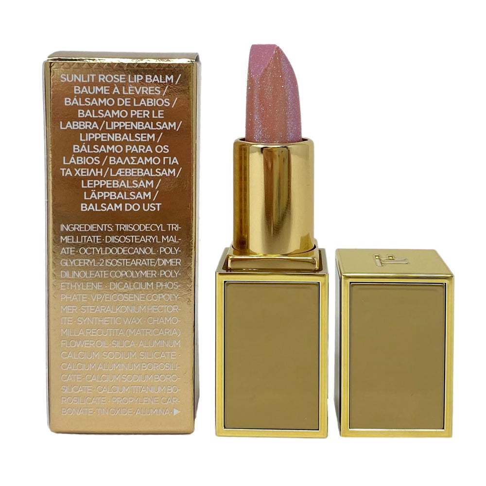 Tom Ford Soleil Sunlit Rose mini lip balm glossy finish enhances natural lip contour.