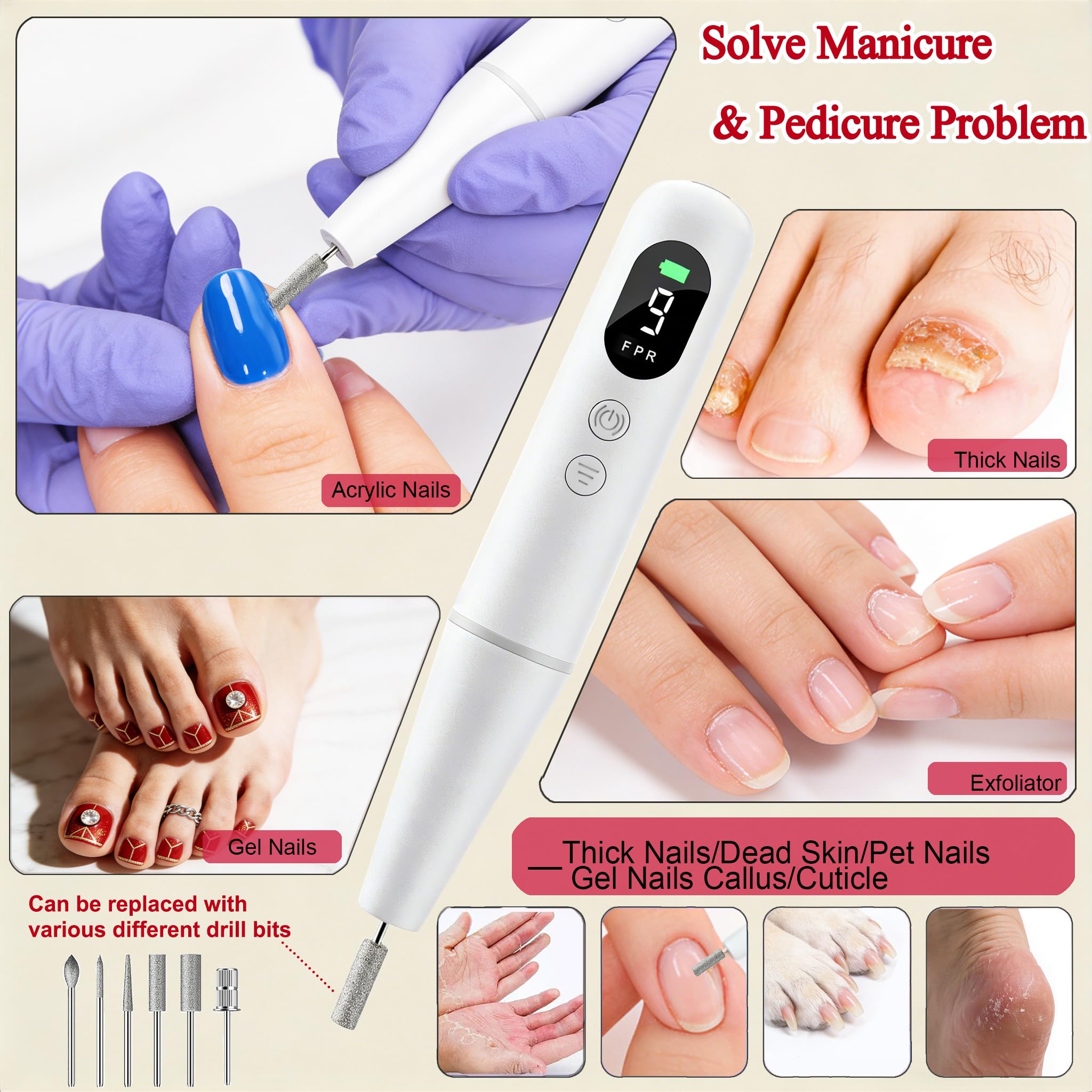 TOMETOTES kit with 6 bits and 26 accessories for gel and acrylic nail care