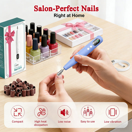 TOMETOTES nail drill with 6 specialized bits for gel and acrylic nail shaping.