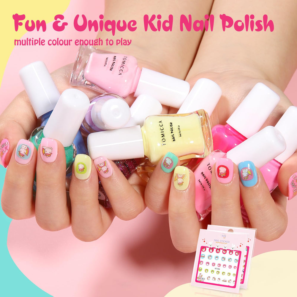TOMICCA Kids Nail Polish Colors Palette showcasing 12 shades for imaginative nail art.