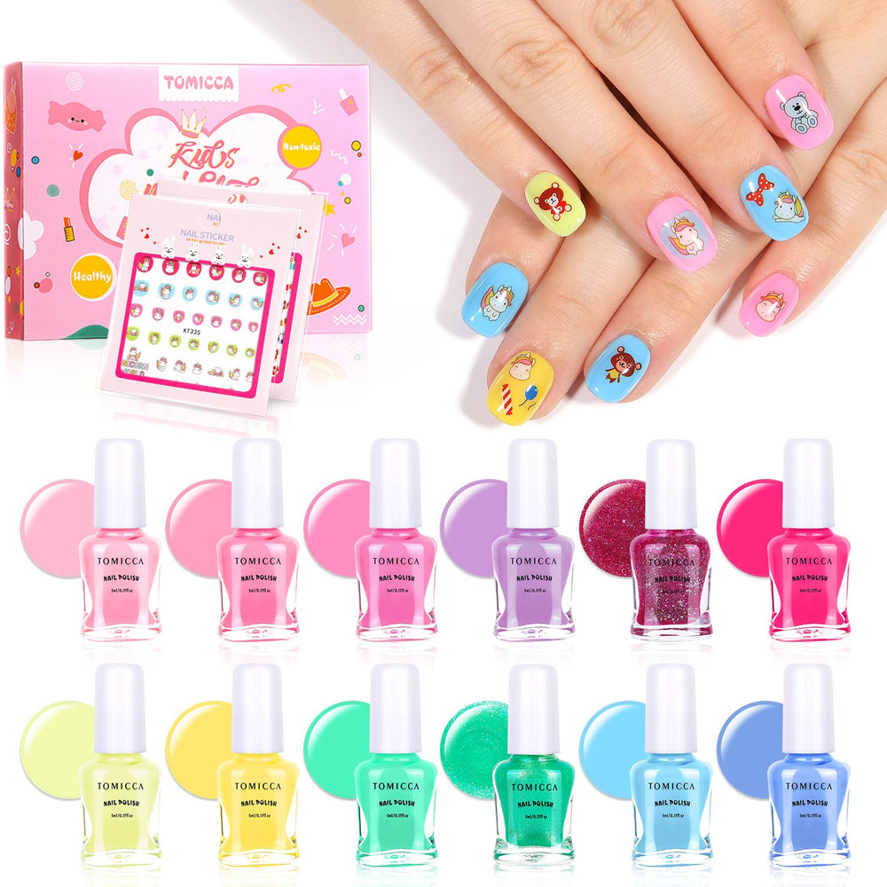 TOMICCA Kids Nail Polish Set box packaging showing colors, ideal for gifting.