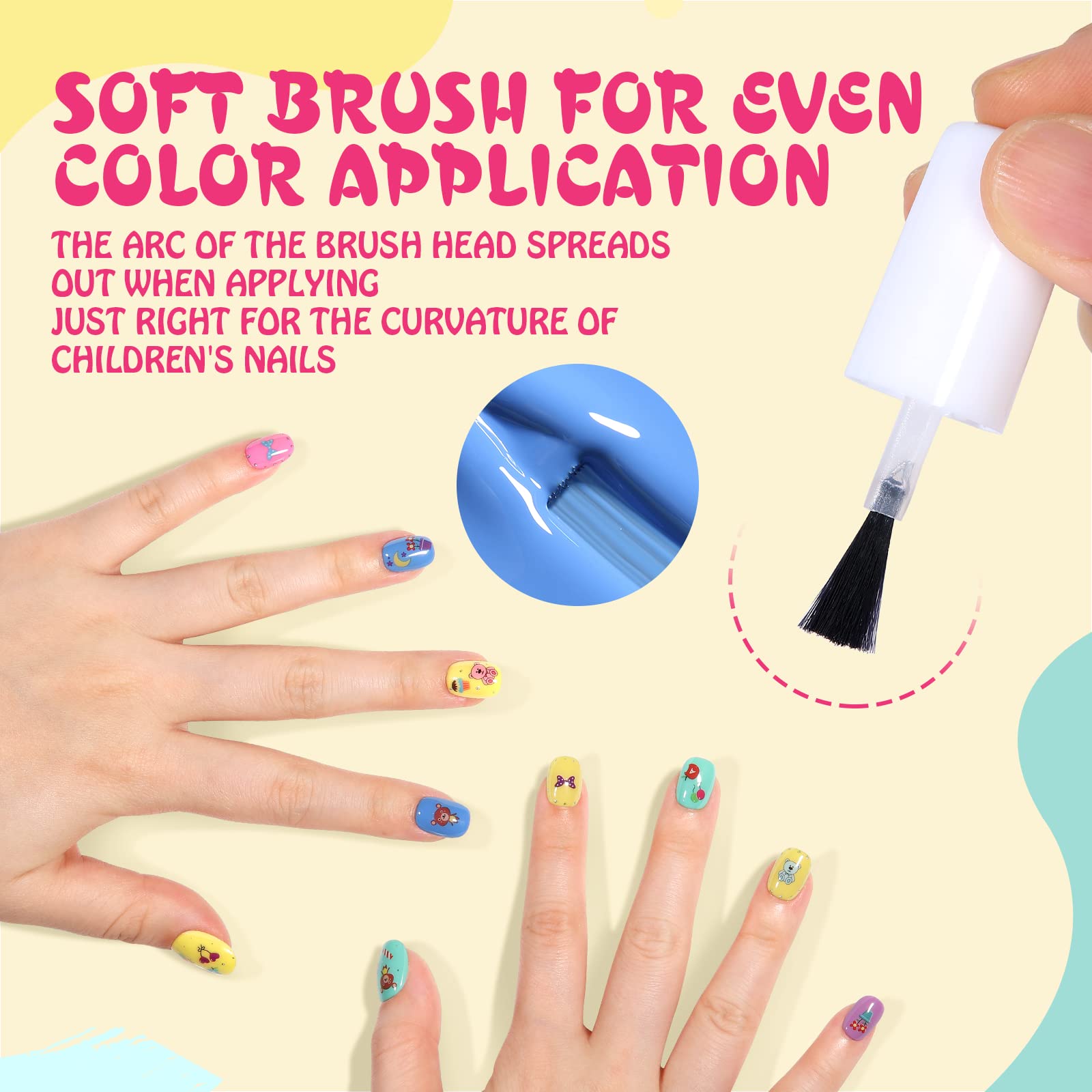 TOMICCA Nail Polish Bottle Application demonstrates easy brush stroke and kid-friendly use.