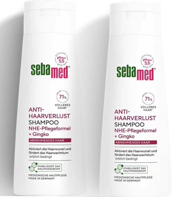Tomo Wellness Seba-med anti hair loss shampoo bottle in a 2-pack for thinning hair, promoting scalp activation.