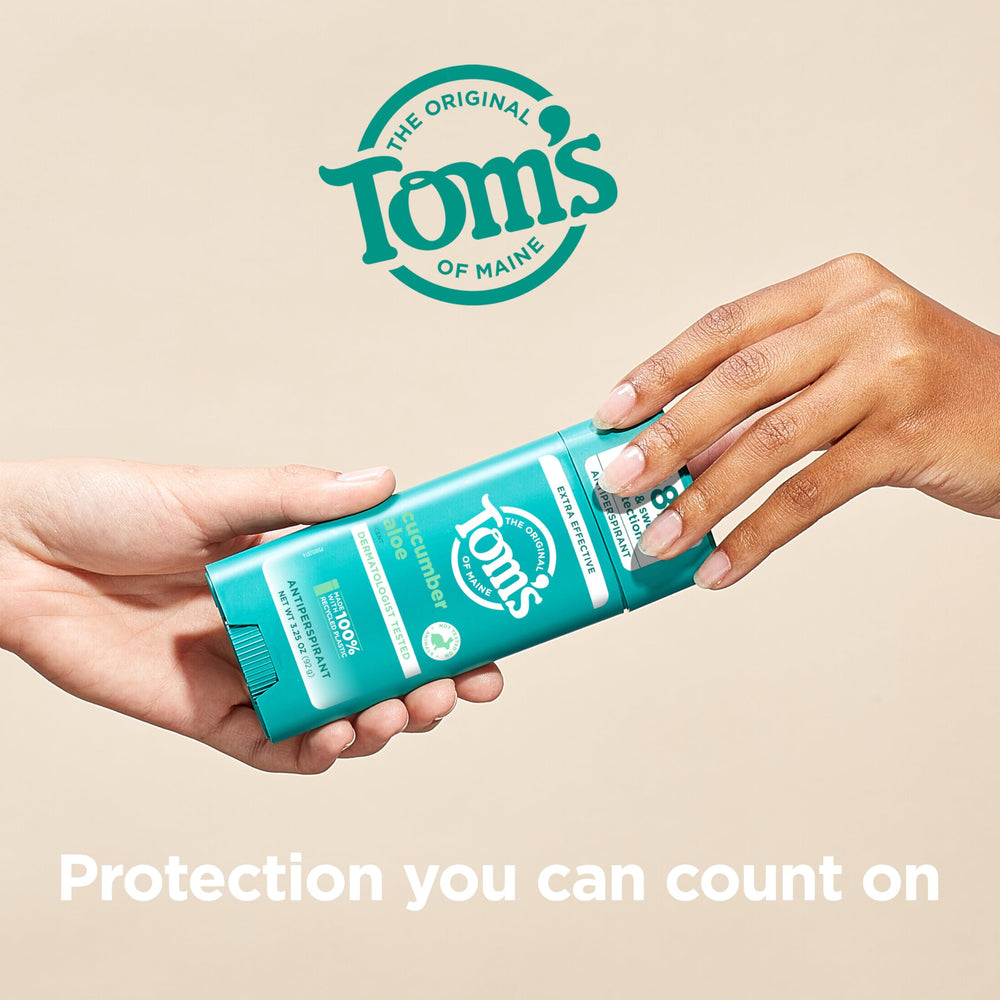 Unboxing shot showing Tom’s of Maine cucumber aloe antiperspirant for all genders