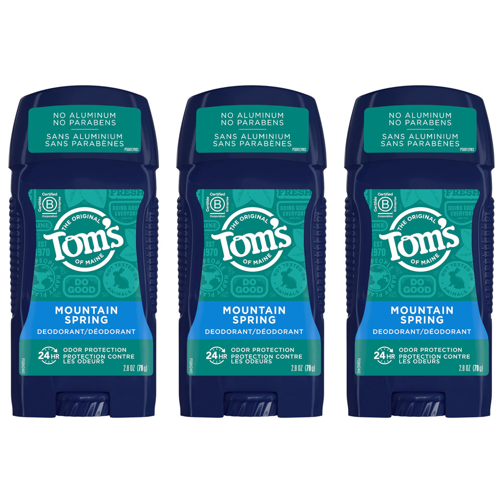 Tom's of Maine Mountain Spring 3-pack outer box showing long-lasting aluminum-free protection.