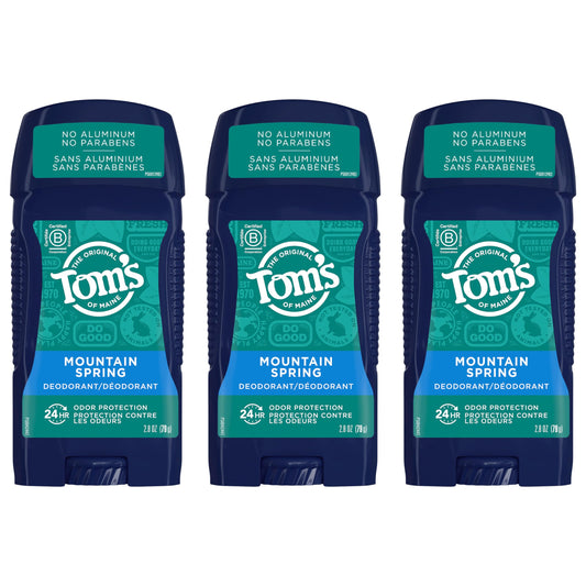 Tom's of Maine Mountain Spring 3-pack outer box showing long-lasting aluminum-free protection.