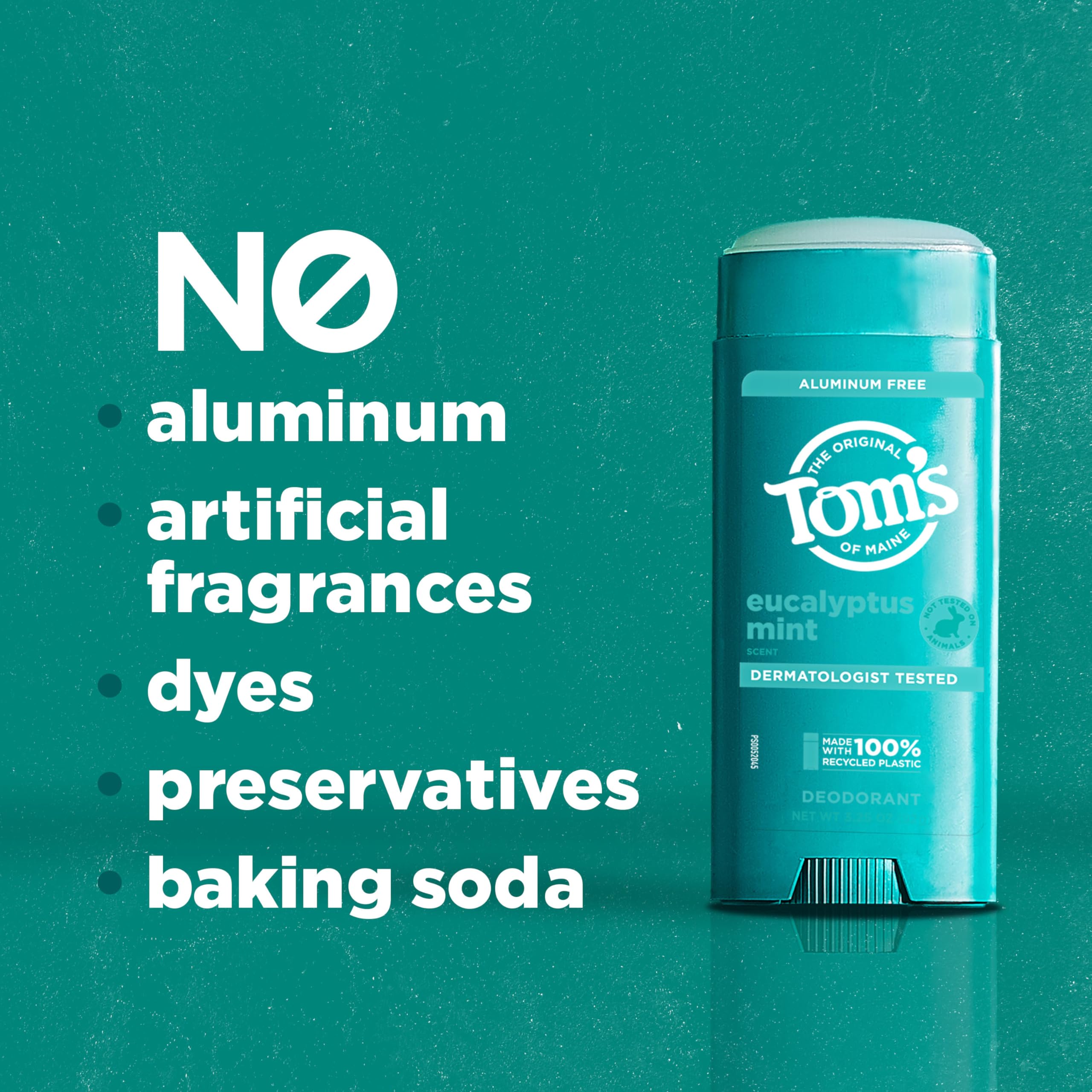Packaging of Tom's of Maine Eucalyptus Mint deodorant in recycled plastic.