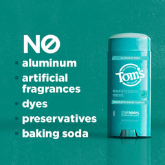 Packaging of Tom's of Maine Eucalyptus Mint deodorant in recycled plastic.