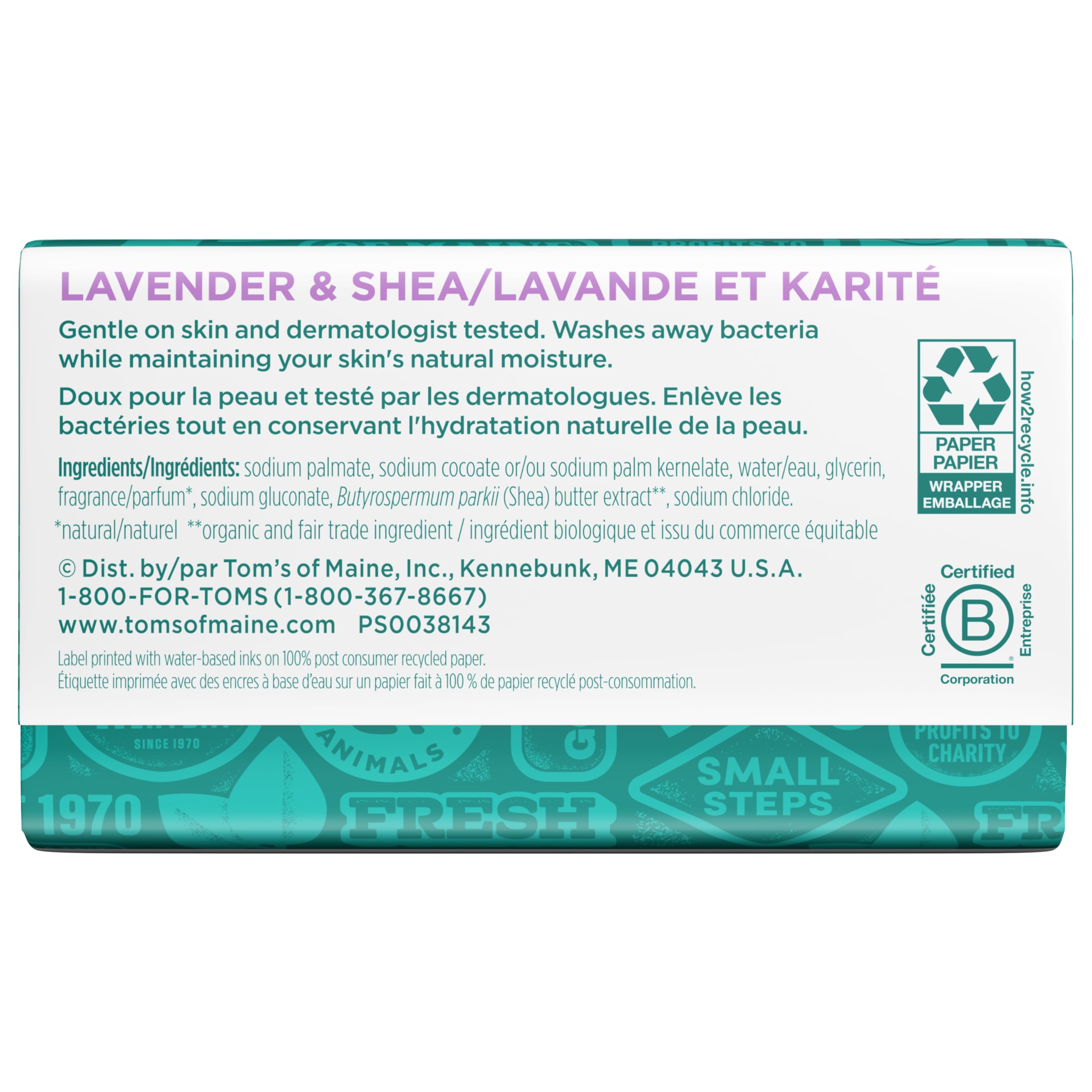 Tom's of Maine Lavender & Shea bar for daily cleanse.