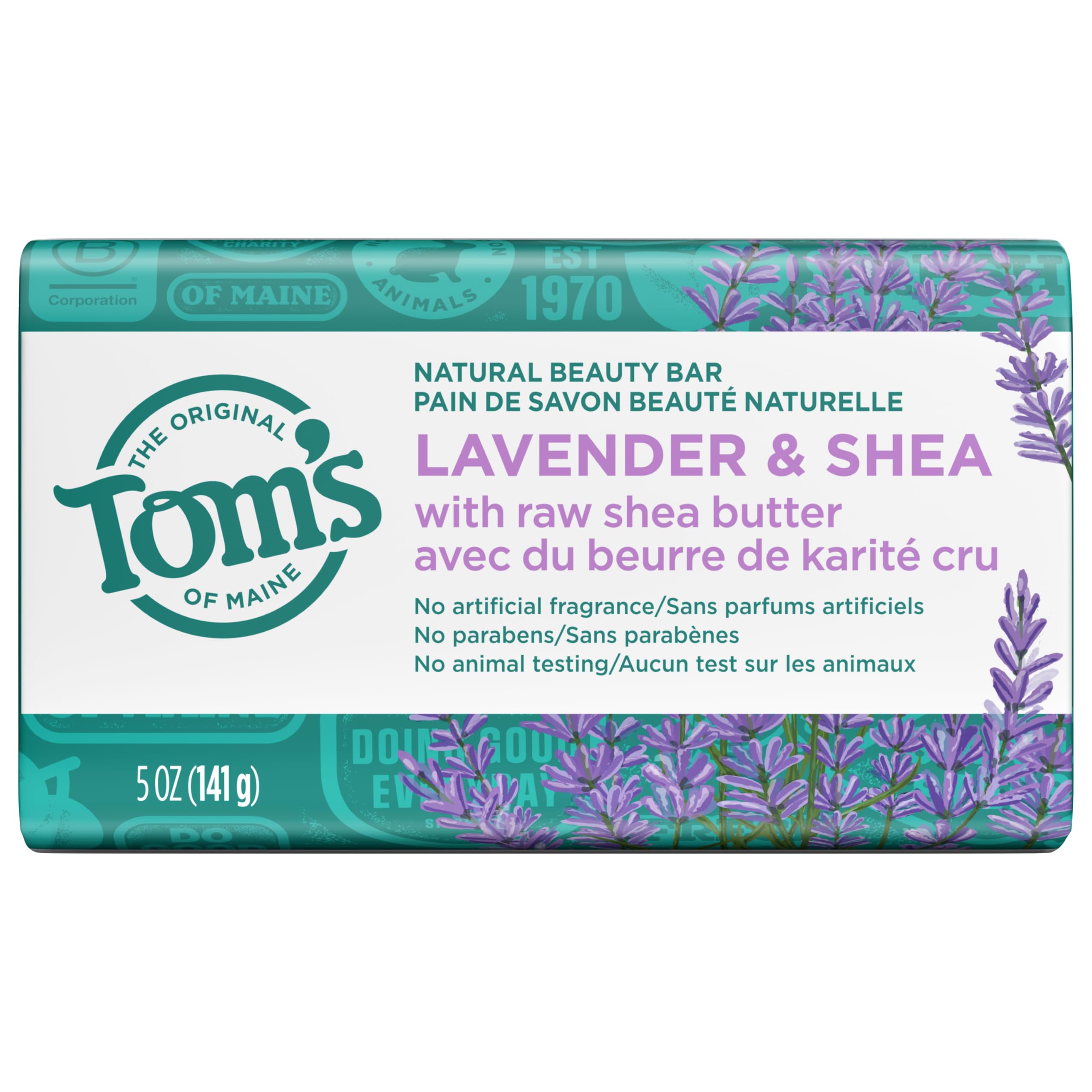 Tom's of Maine lavender scented soap on bathroom sink.