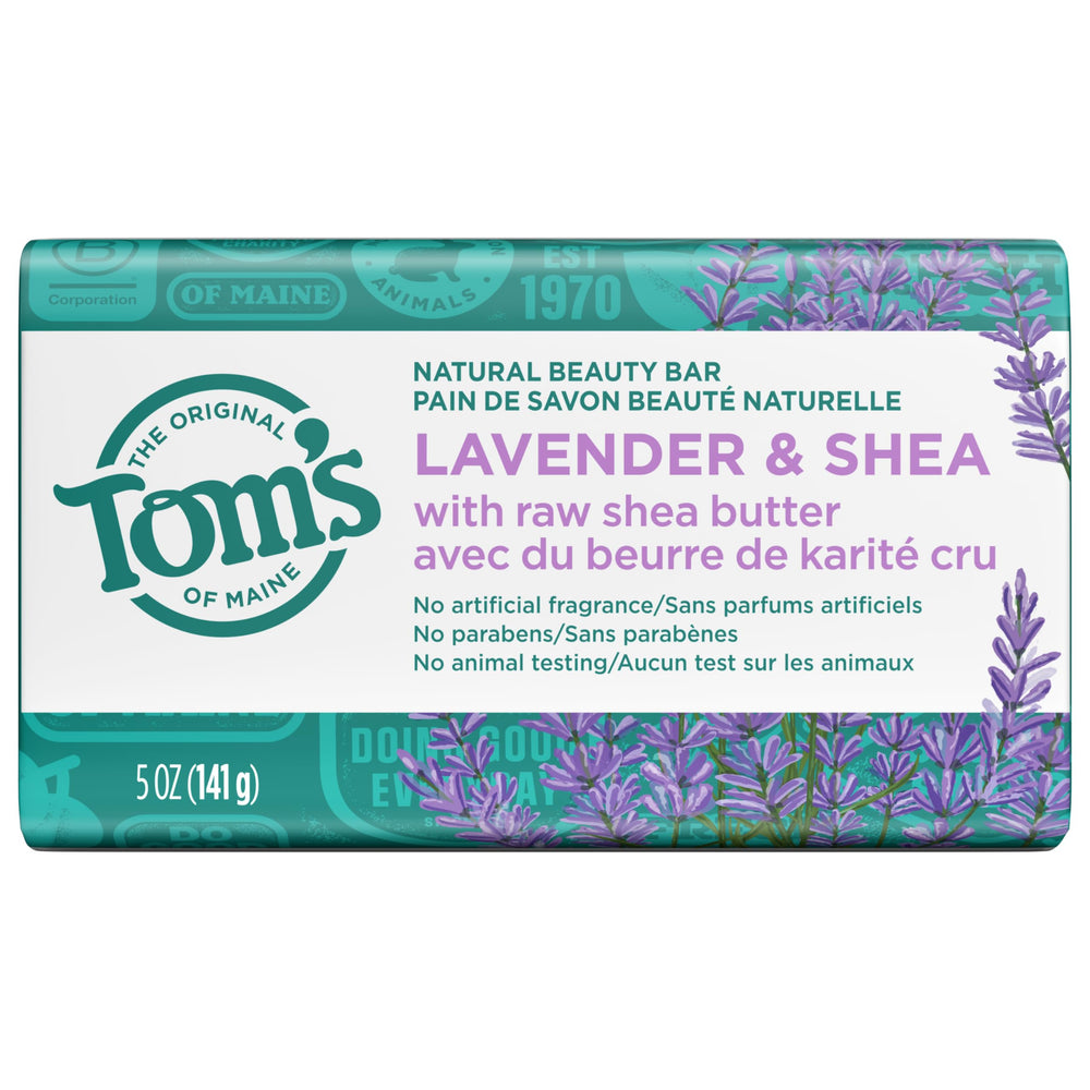 Tom's of Maine lavender scented soap on bathroom sink.