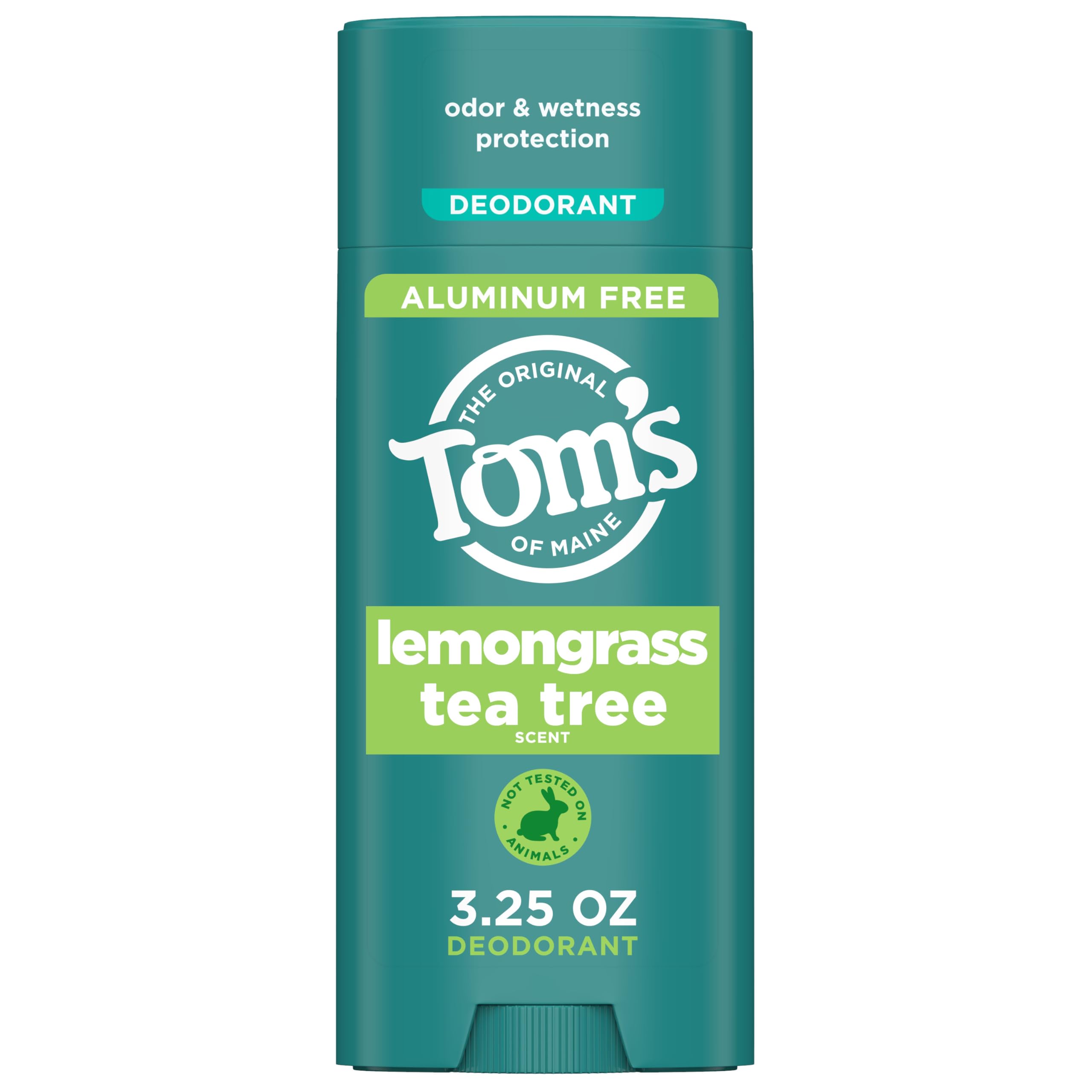 Tom's of Maine Lemongrass Tea Tree deodorant stick provides aluminum-free, all-day freshness.