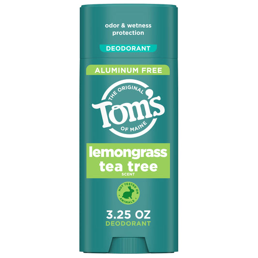 Tom's of Maine Lemongrass Tea Tree deodorant stick provides aluminum-free, all-day freshness.