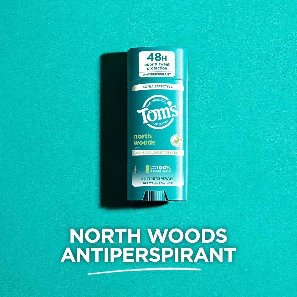 North Woods antiperspirant label highlights patchouli and lavender scent.