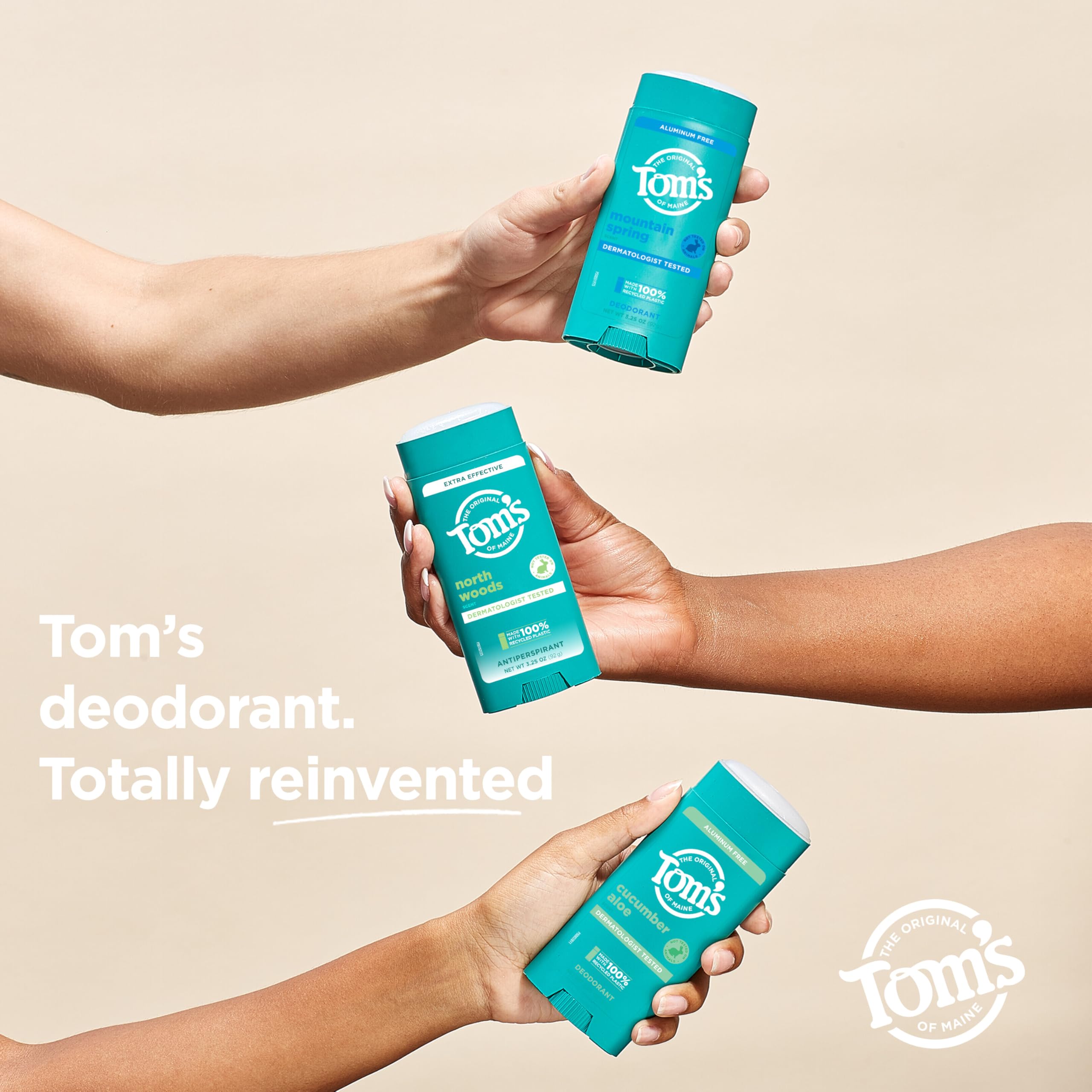 Two-pack display of Tom's of Maine North Woods antiperspirant for home or travel.