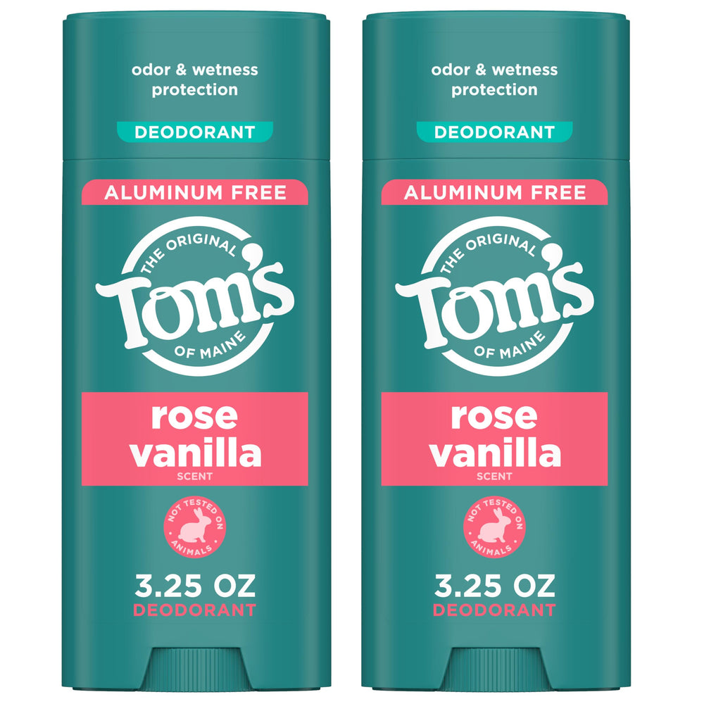 Tom's of Maine Rose Vanilla deodorant stick packaging for on-the-go freshness