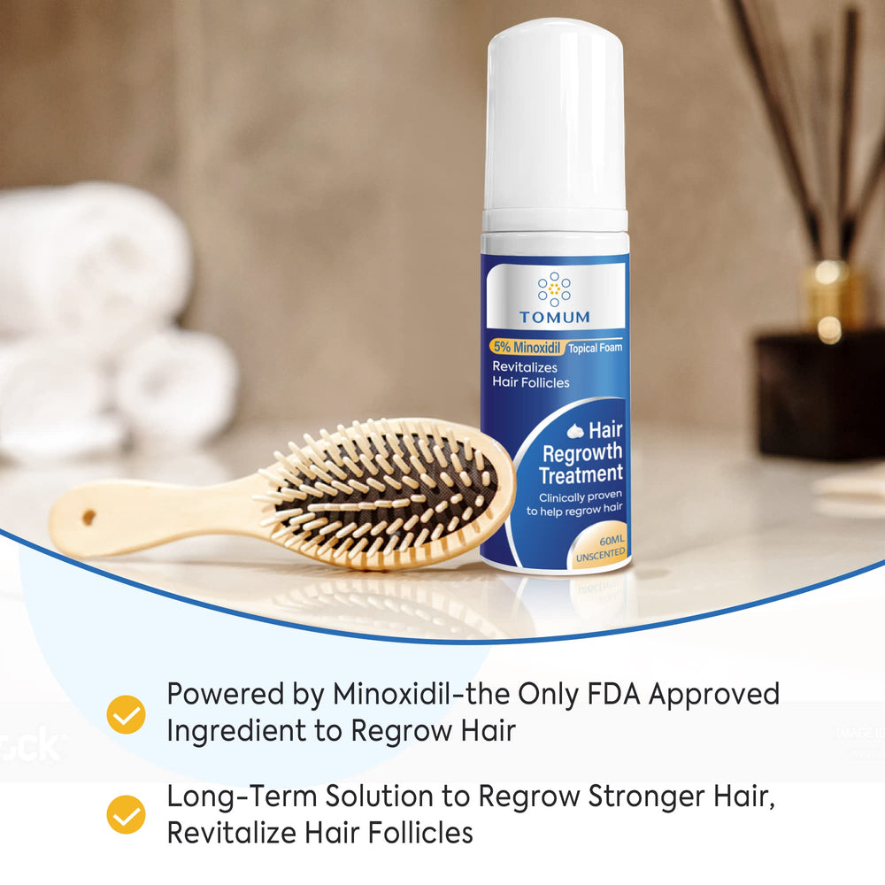 Tomum Minoxidil Foam dispense close-up highlighting fast-absorbing formula