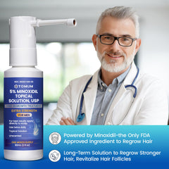 Tomum Minoxidil spray applied to crown area for targeted coverage.