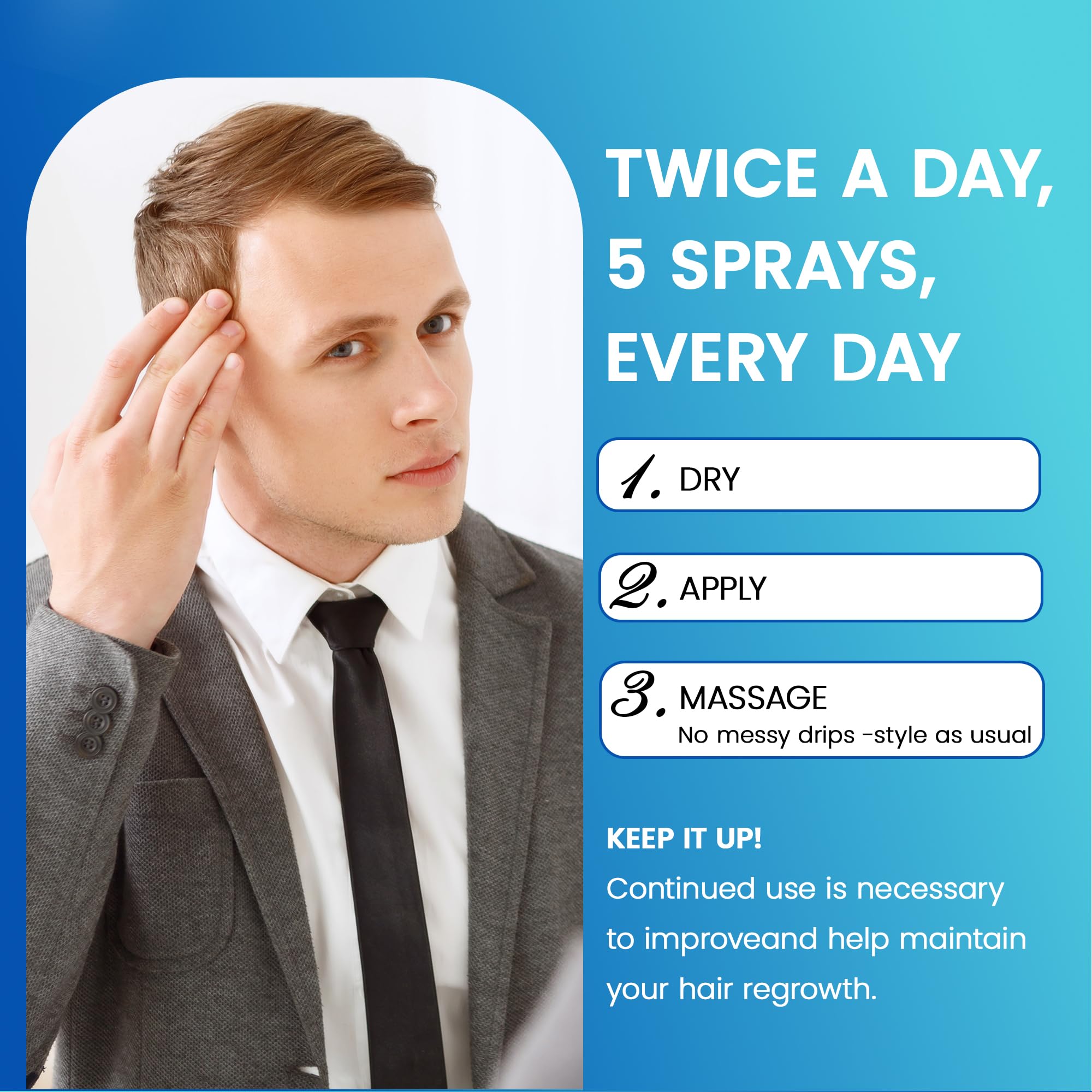 Tomum Minoxidil spray near the hairline shows precise mist.