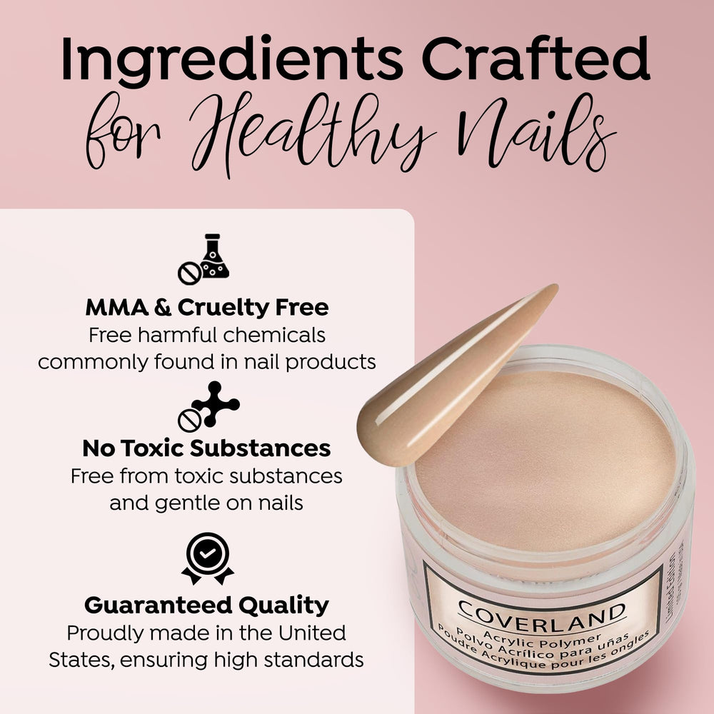 TONES Coverland New Nue acrylic powder application swatch demonstrates smooth overlays and precise shaping.