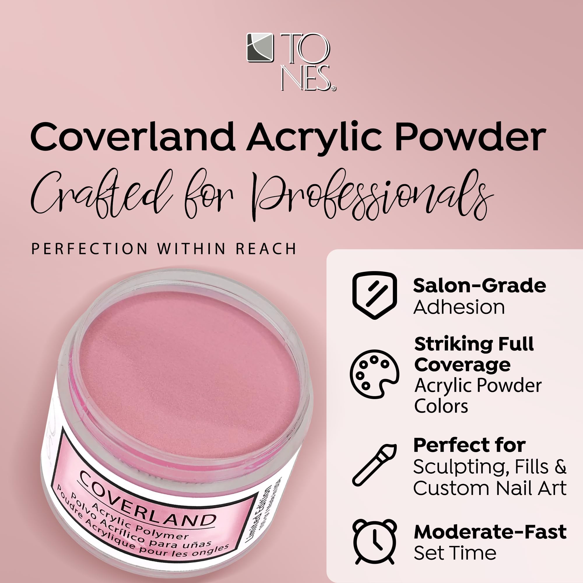 TONES Coverland French Rose acrylic powder ideal for crisp nail art and even finish.
