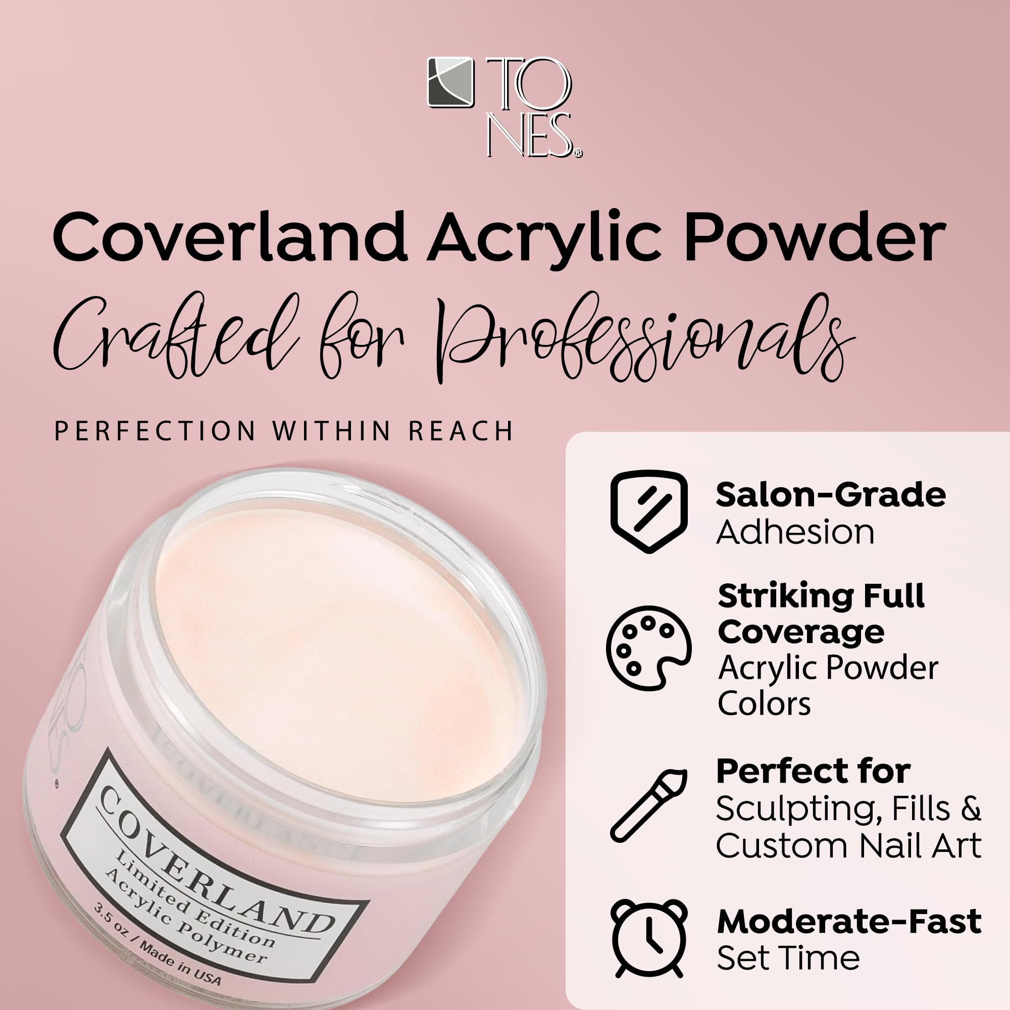 TONES Coverland cruelty-free Peachy Nude label on bottle signals ethical nail options.