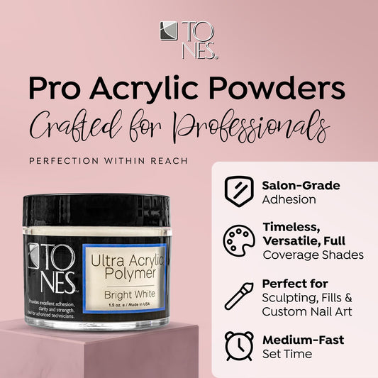 TONES Pro acrylic nail powder swatch on nail demonstrating smooth, self-leveling finish.