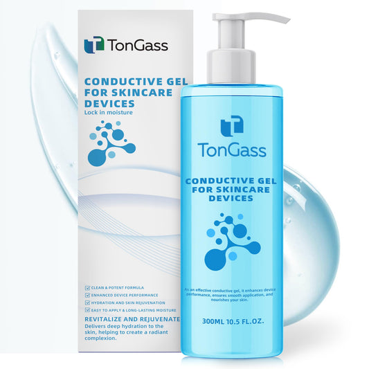 TonGass conductive gel for facial-device glide supports smooth microcurrent movements.