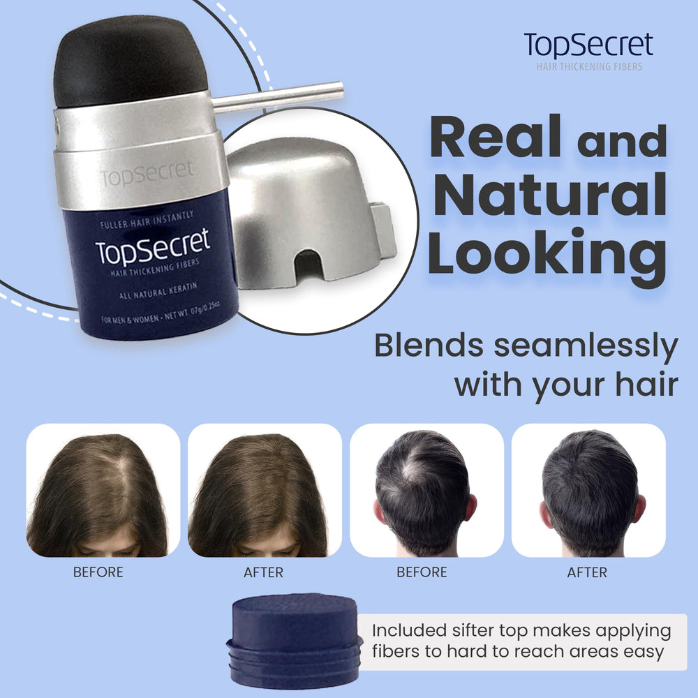 Top Secret fiber sifter top ensures even distribution for natural-looking fullness