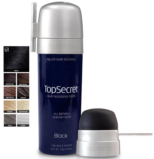 Top Secret Hair Fibers bottle close-up showing instant fullness potential