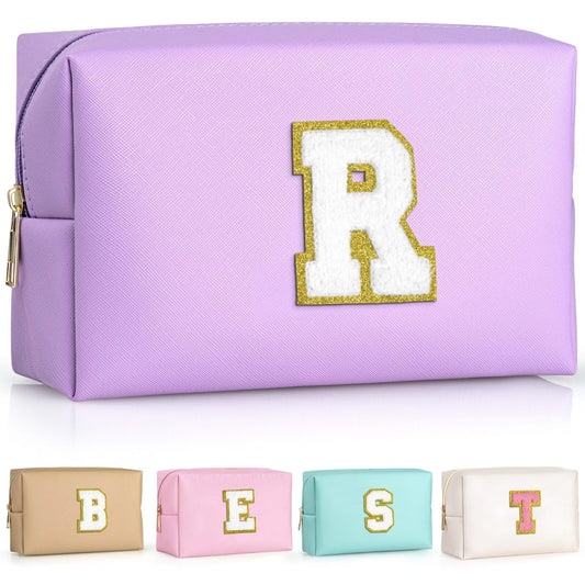 TOPEAST cosmetic travel bag purple front view with personalized patch for organized cosmetics