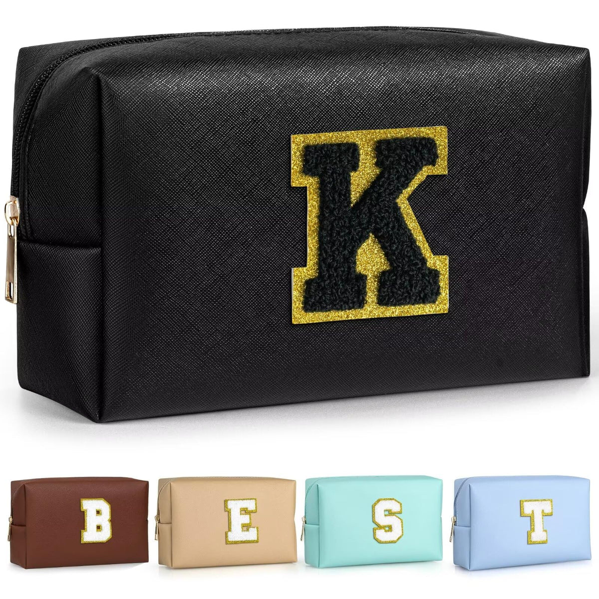 TOPEAST Initial Cosmetic Bag front view in black; compact travel companion.