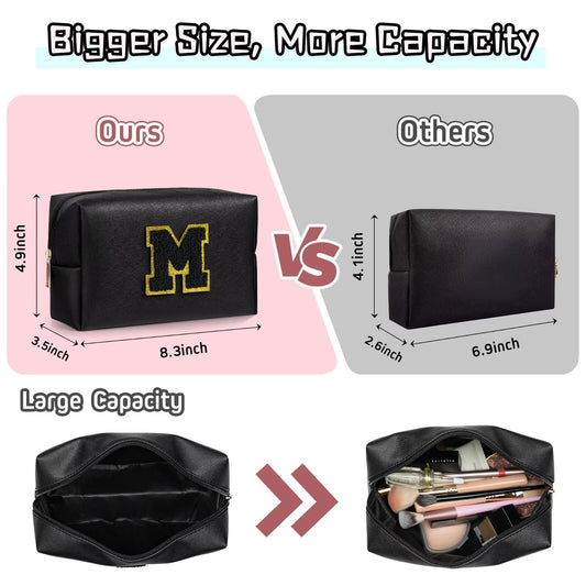 TOPEAST Initial Cosmetic Bag patch detail shows the gold glitter monogram patch.