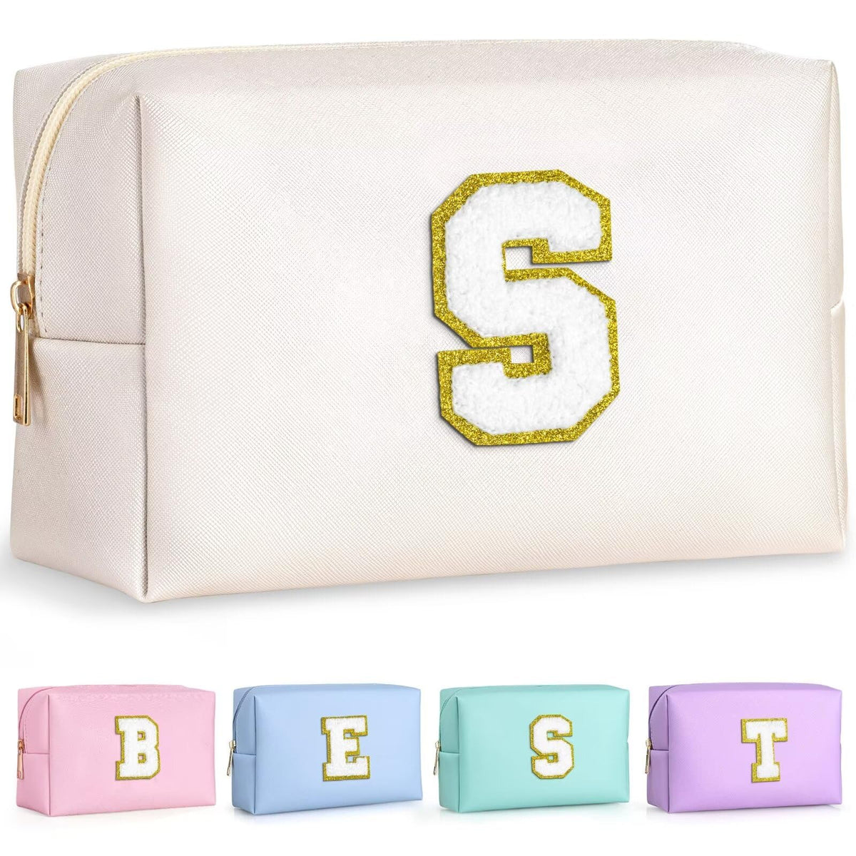 TOPEAST Initial Cosmetic Bag with monogram patch, stylish and skin-friendly for daily use.