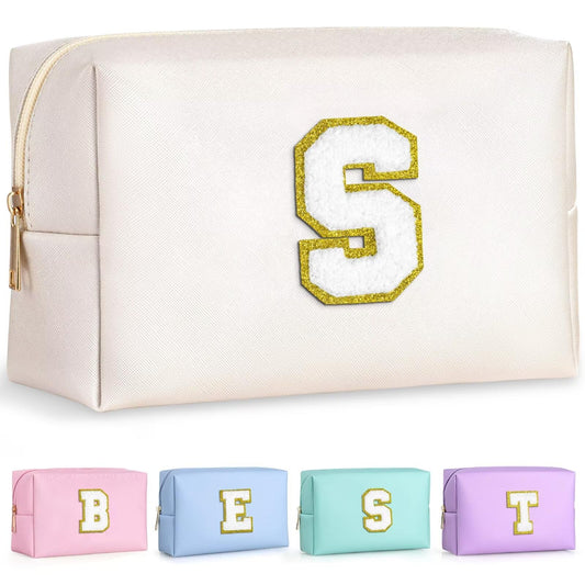 TOPEAST Initial Cosmetic Bag with monogram patch, stylish and skin-friendly for daily use.