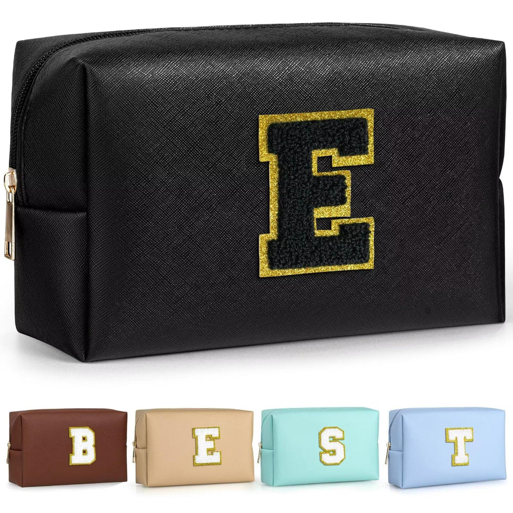 TOPEAST monogram makeup bag with gold chenille patch for personalized style and touch
