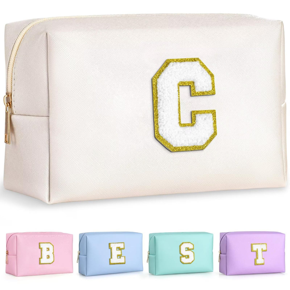 TOPEAST preppy makeup bag with gold patch for personalized style and skin-friendly comfort.