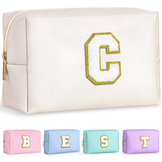 TOPEAST preppy makeup bag with gold patch for personalized style and skin-friendly comfort.