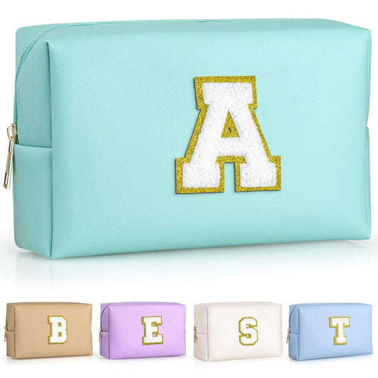 TOPEAST Preppy makeup bag with initial patch blue A for personalized daily use