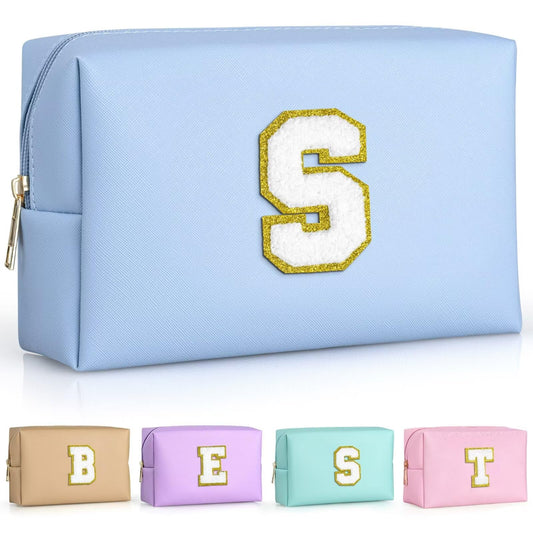 TOPEAST Sky Blue makeup bag front view, waterproof PU leather protects cosmetics on the go.