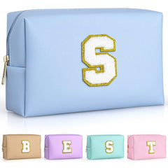 TOPEAST Sky Blue makeup bag front view, waterproof PU leather protects cosmetics on the go.